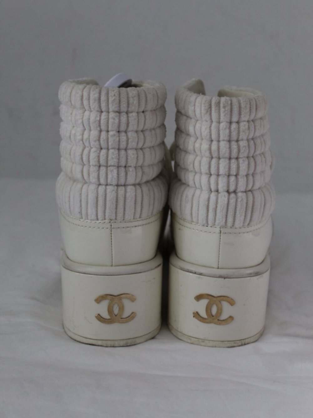 Chane White Patent Leather Glitter CC Knit Ankle Lace Combat Booties Boots 40.5 - Picture 8 of 13